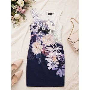 Phase‎ Eight Blue Cotton Floral Print Sheath Dress, Sleeveless Knee Length, Sz 8